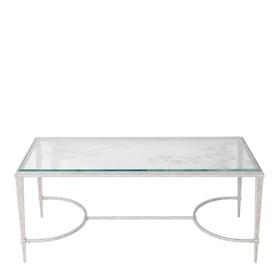 Laura Ashley Aria Etched Glass Distressed White Iron Coffee Table