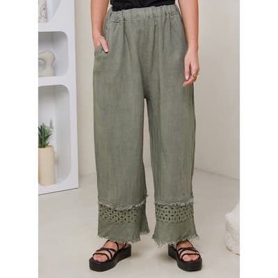 Khaki Linen Embroidered Trouser