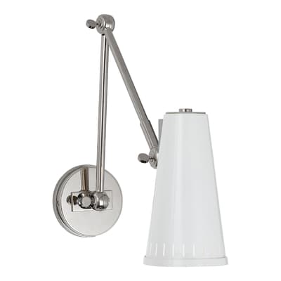 Antonio Adjustable Two Arm Wall Lamp in Polished Nickel with Antique White Shade