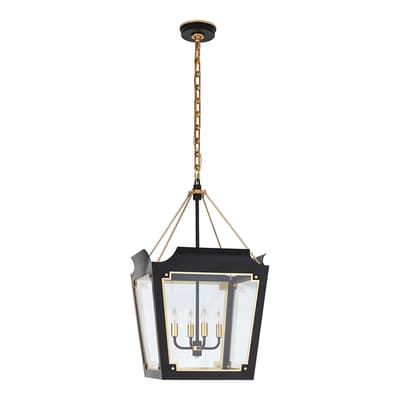 Caddo Medium Lantern in Matte Black and Gold with Clear Glass