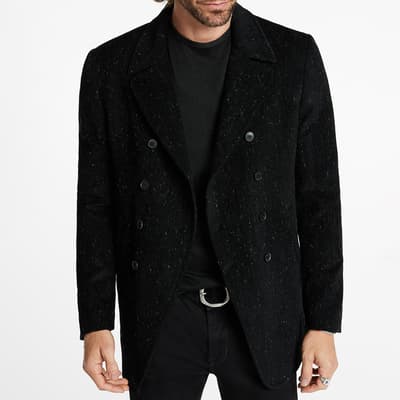 Black Double Breasted Wool Blend Peacoat