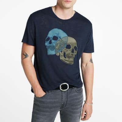 Navy Double Skull Linen Blend T-Shirt