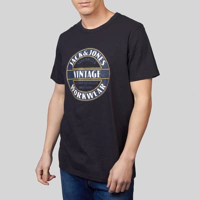 Navy Logo Print Cotton T-Shirt