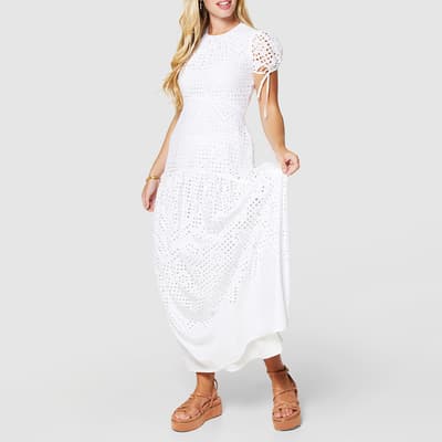  White A-Line Embroided Midi Dress