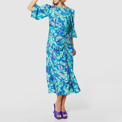  Blue Floral Print Jacquard A-Line Dress