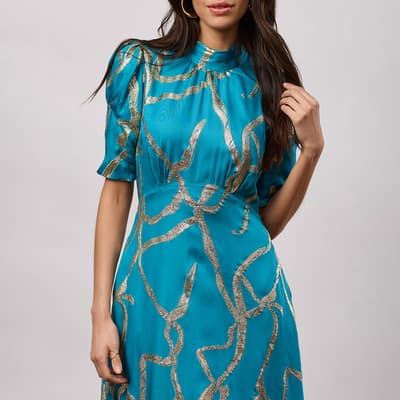  Teal and Gold Print A-Line Midi Dress