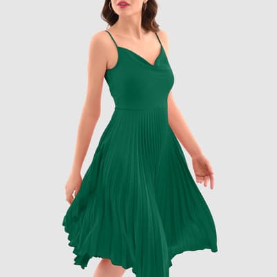  Green Cowl Pleated Dress