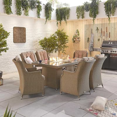 Thalia 6 Seat Dining Set with Fire Pit - 1.5m x 1m Rectangular Table - Willow