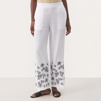 White Embroidered Linen Trouser