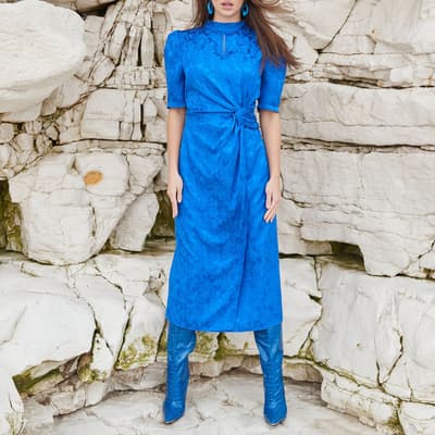 Blue Jacquard Knot Front Midi Dress 