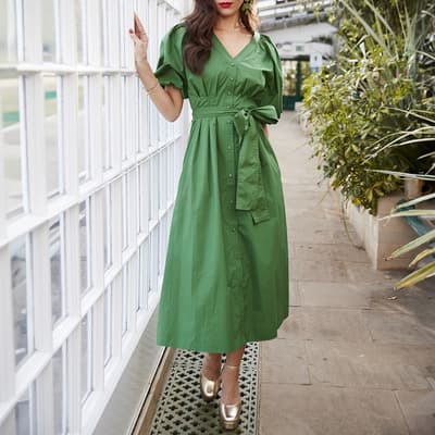 Green Puff Sleeve Midi Cotton Dress 