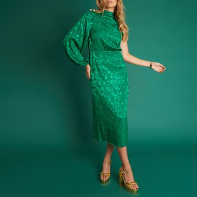 One Shoulder Jacquard Midi Dress With Gold Buttons In Green