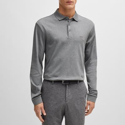 Grey Long Sleeve Cotton Polo Shirt