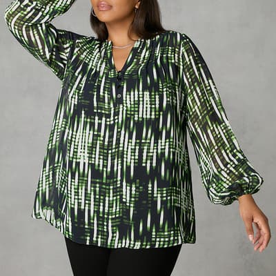 Green Blurred Print Pintuck Blouse