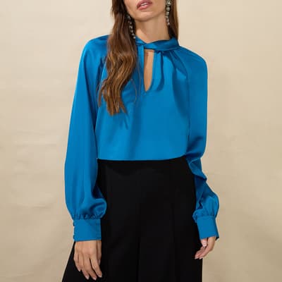 Blue Keyhole Twist Neck Top