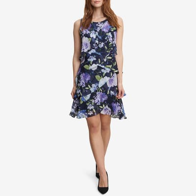 Navy Hallie Floral Layered Chiffon Dress