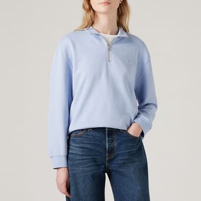 Pale Blue Half Zip Cotton Blend Sweatshirt