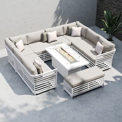 Salone U Shaped Sofa with Gas Fire Pit and Bench, White