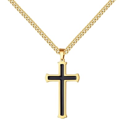 18K Gold & Black Enamel Cross Necklace