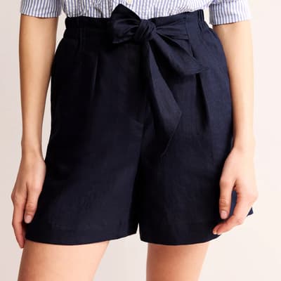 Navy Tie Waist Linen Shorts