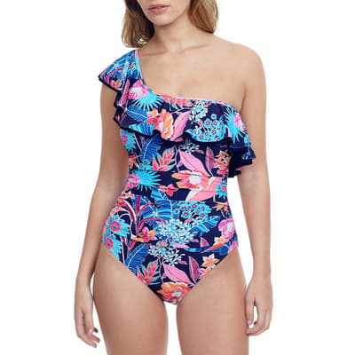 Blue Multi Bohemian Ruffle One Shoulder Swimsuit