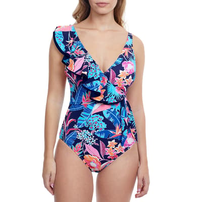 Blue Multi Bohemian V-Neck Ruffle Swimsuit