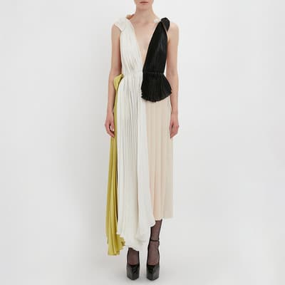 Multi Asymmetric Pleated V-Neck Dress