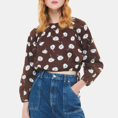 Brown Floral Poplin Cotton Blend Top