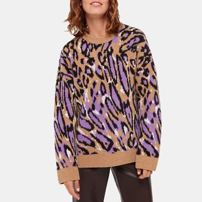 Camel Jacquard Animal Print Wool Blend Jumper