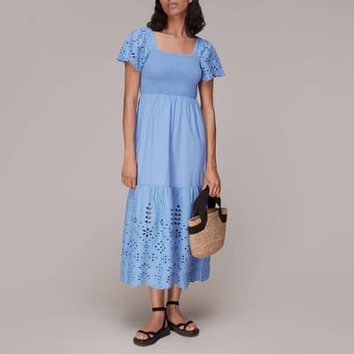 Blue Carrie Broderie Cotton Midi Dress