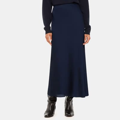 Navy Satin Bias Cut Midi Skirt