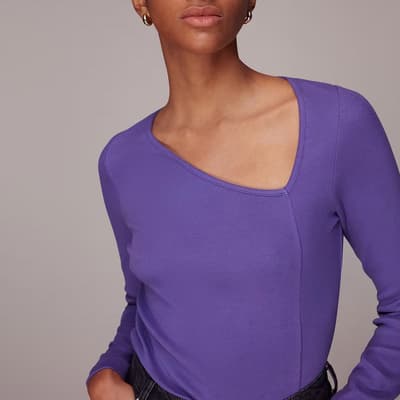 Purple Ribbed Asymmetric Cotton Blend Top