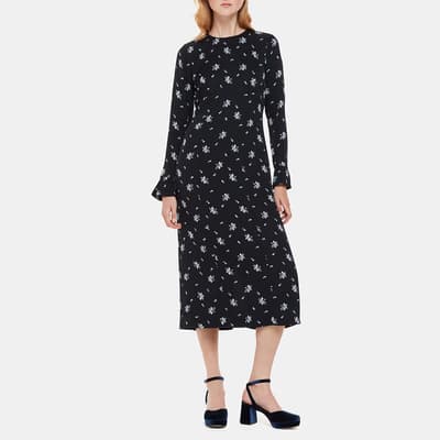 Black Floral Satin Midi Dress