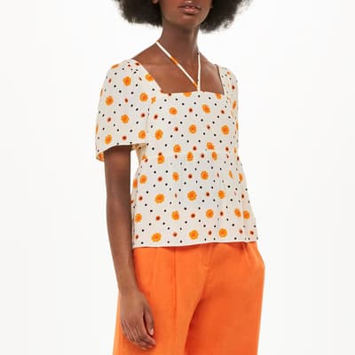 Ecru Flower Print Tie Detail Top