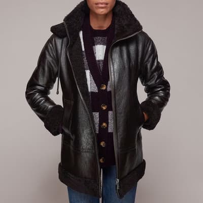 Brown Shearling Hooded Leather Biker Jacket