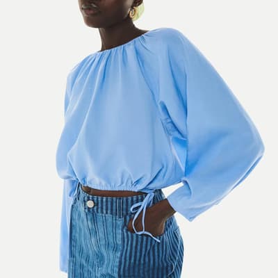 Pale Blue Nancy Tie Waist Linen Blend Top