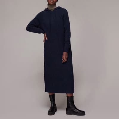 Navy Knitted Hooded Wool Blend Midi Dress