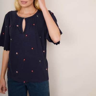 Navy Cotton Rochelle Embroidered Jersey Top