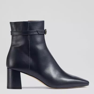 Navy Natalia Leather Heeled Ankle Boots