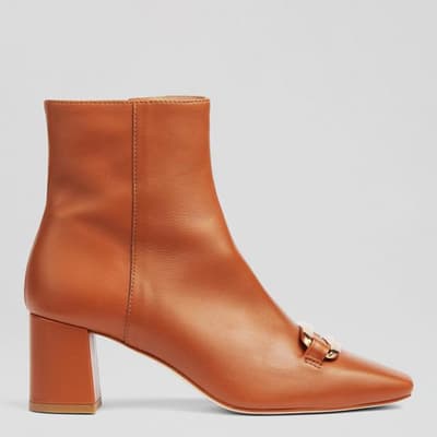 Tan Novella Leather Gold Bar Heeled Ankle Boots