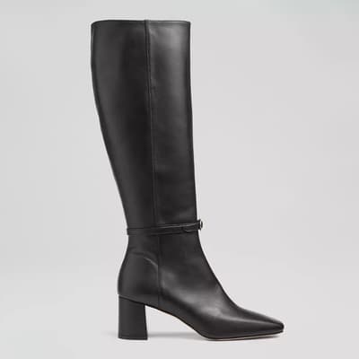 Black Sylvia Leather Buckle Detail Heeled Long Boots