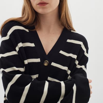 Black Striped Cotton Blend Cardigan