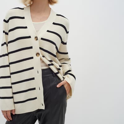 White Striped Cotton Blend Cardigan