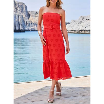 Red Broderie Belted Bandeau Dress