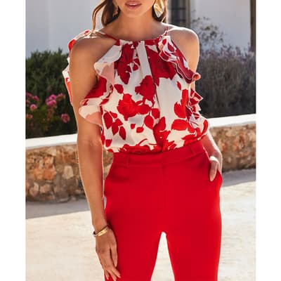 Red Floral Print Frill Detail Satin Top