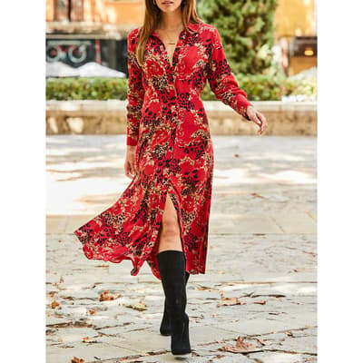 Red Multi Print Midi Shirt Dress