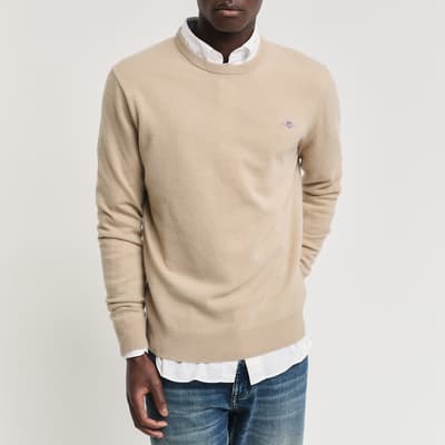 Beige Extra Fine Lambswool Crew Neck Jumper