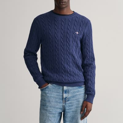 Navy Cable Knit Crew Neck Cotton Jumper