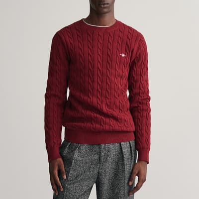 Red Cable Knit Crew Neck Cotton Jumper