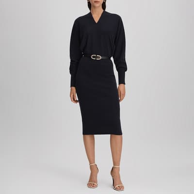 Navy Sally V Neck Wool Blend Midi Dress